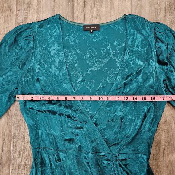 Revolve Majorelle Dress Size M Green Satin Floral Jacquard Puff Sleeve Ruffle - Picture 6 of 16